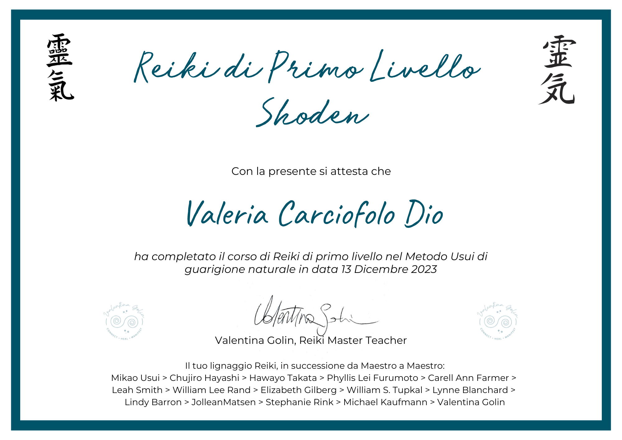 Certificato Operatrice Reiki 1 livello
